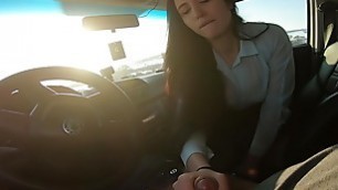 Quick blowjob with swallow in the car near the road