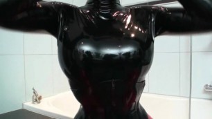 Red + Black Latex Catsuit Girl and High Heel Torture - Rubber Whore Heeljob