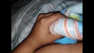 Cum on little Brothers used Diaper