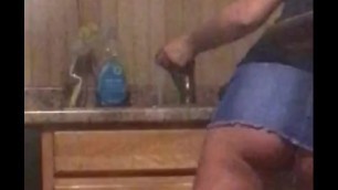 Voyeur Washing Dishes up Shirt Jean Skirt no Panties