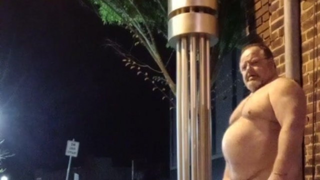 Ugly fat guy jerking off in the street